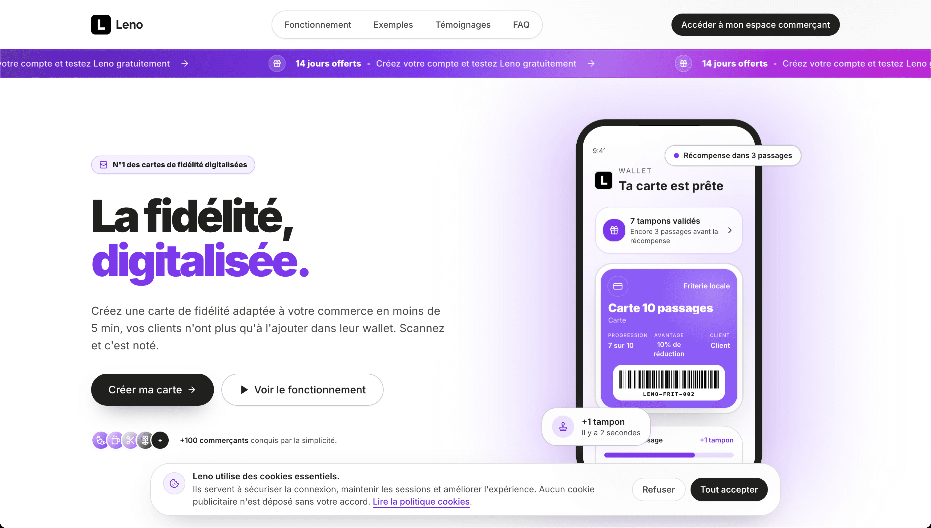 Page d’accueil desktop de Leno Fidélité
